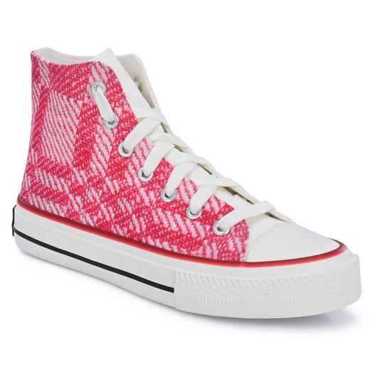 Crowcia London Pink n White Woven Fabric Design High Top Sneakers