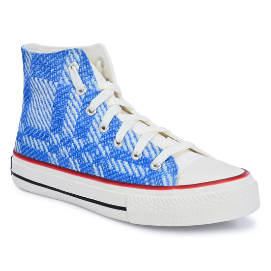 Crowcia London Light Blue n White Woven Fabric Design High Top Sneakers