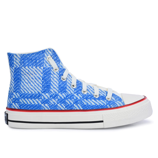 Crowcia London Light Blue n White Woven Fabric Design High Top Sneakers