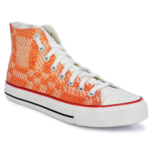 Crowcia London Orange n White Woven Fabric Design High Top Sneakers