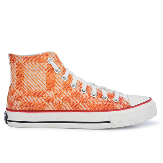 Crowcia London Orange n White Woven Fabric Design High Top Sneakers