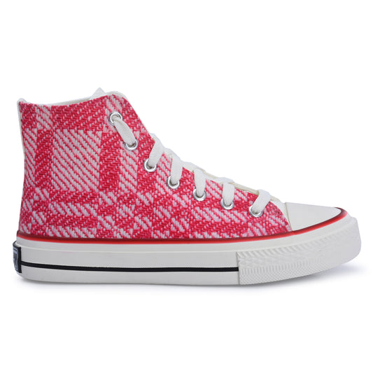 Crowcia London Pink n White Woven Fabric Design High Top Sneakers