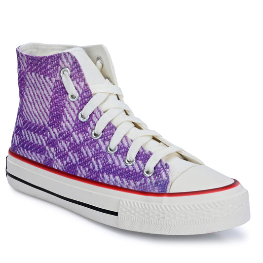 Crowcia London Purple n White Woven Fabric Design High Top Sneakers