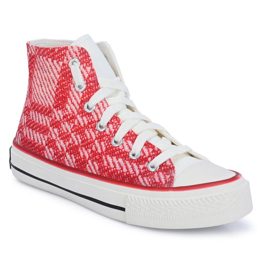 Crowcia London Red n White Woven Fabric Design High Top Sneakers