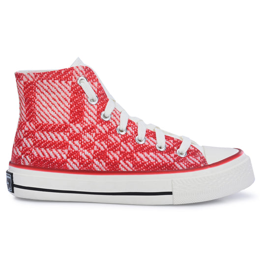 Crowcia London Red n White Woven Fabric Design High Top Sneakers