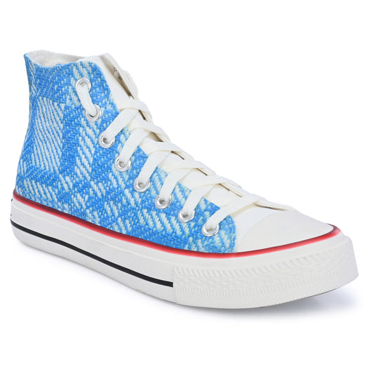 Crowcia London Teal n White Woven Fabric Design High Top Sneakers