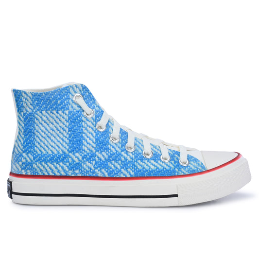 Crowcia London Teal n White Woven Fabric Design High Top Sneakers